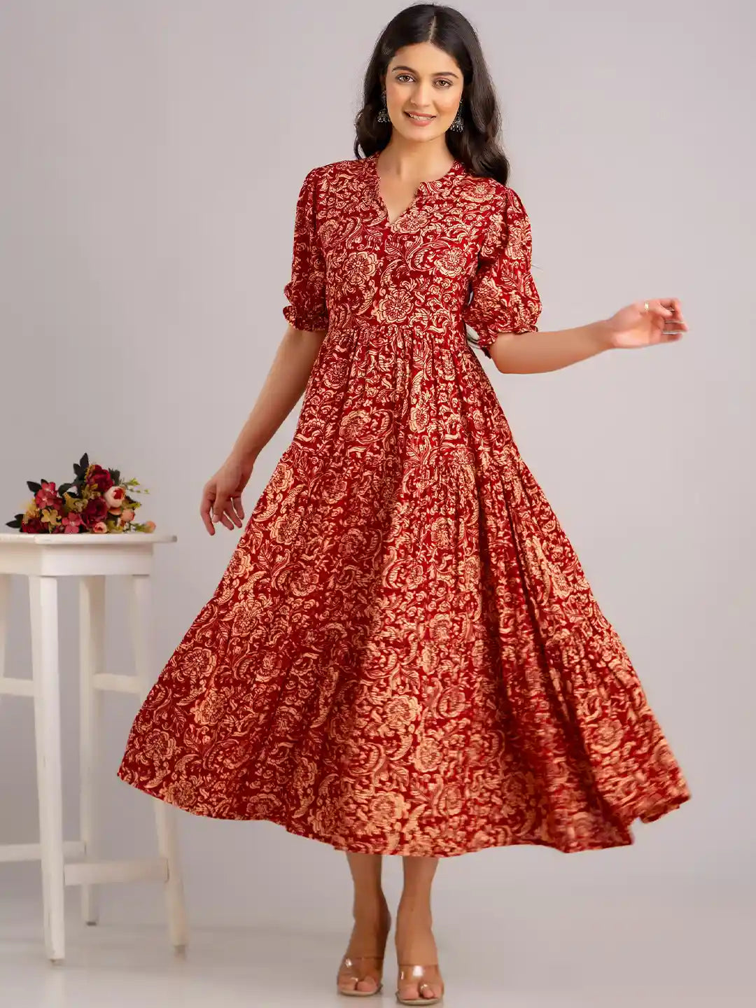 Red Floral Print Fit & Flare Midi Dress