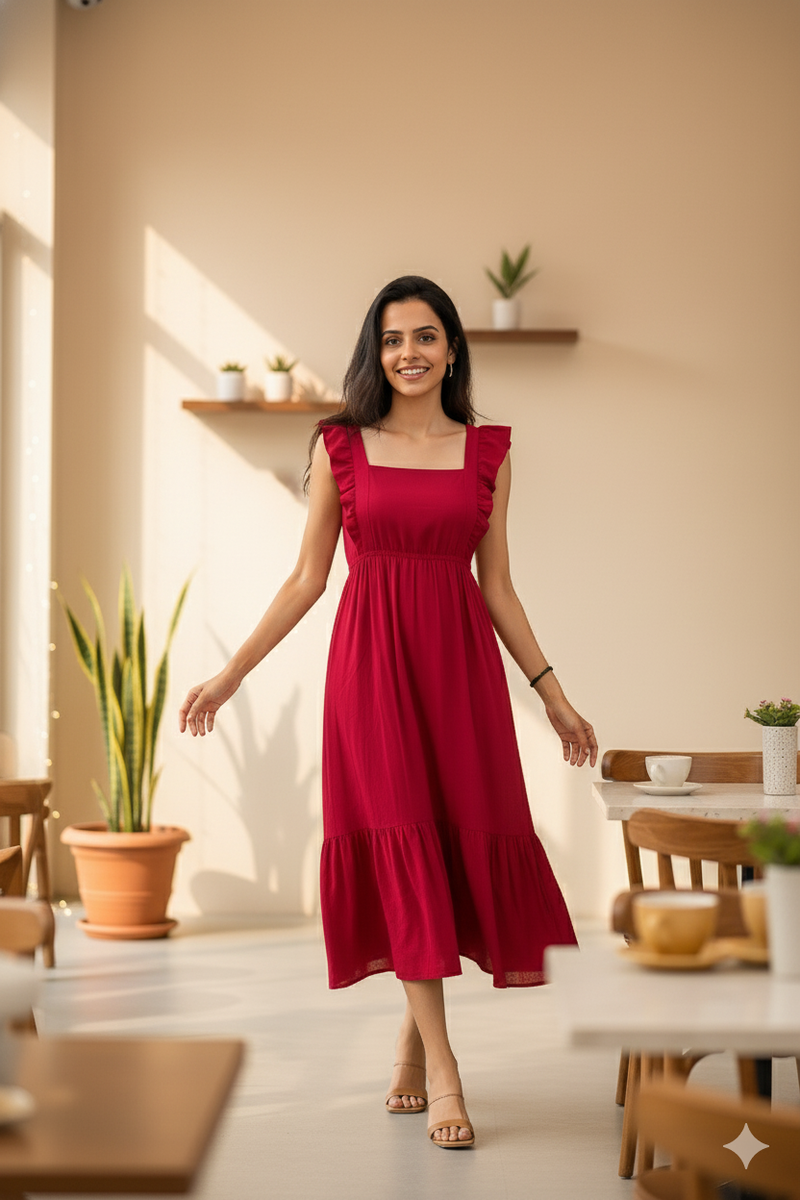 Wine Red Ruffle Strap Midi Dress