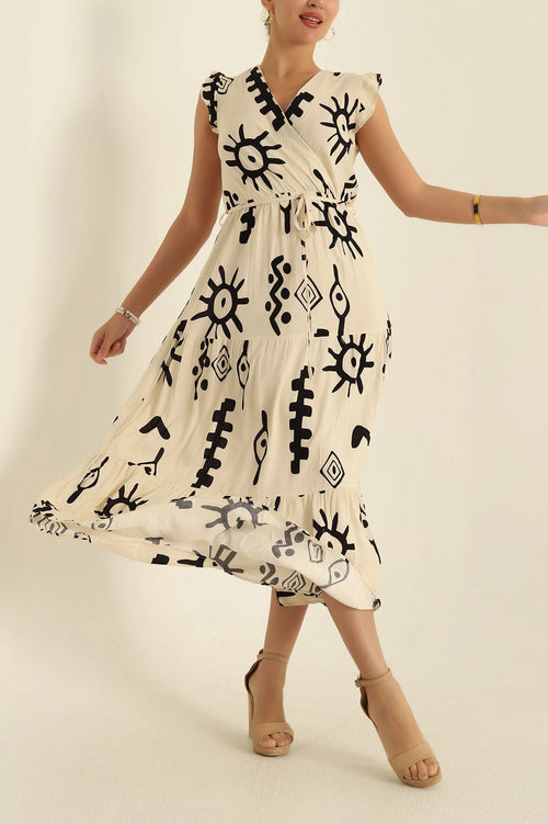 Abstract Print Wrap-Style Midi Dress